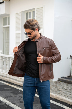 Men's Leather Jacket Casual Zip Up Motorcycle Outwear Brown