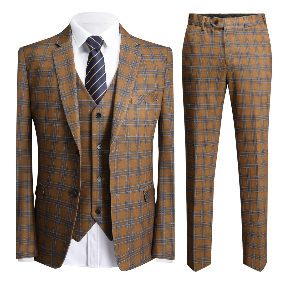 Men's 2-Button Single-Breasted Suit 3-Piece Plaid Suit Brown