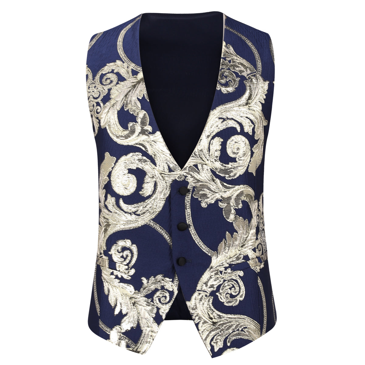 Blue Disc Buckle Jacquard Floral 3-Piece Dress Suit