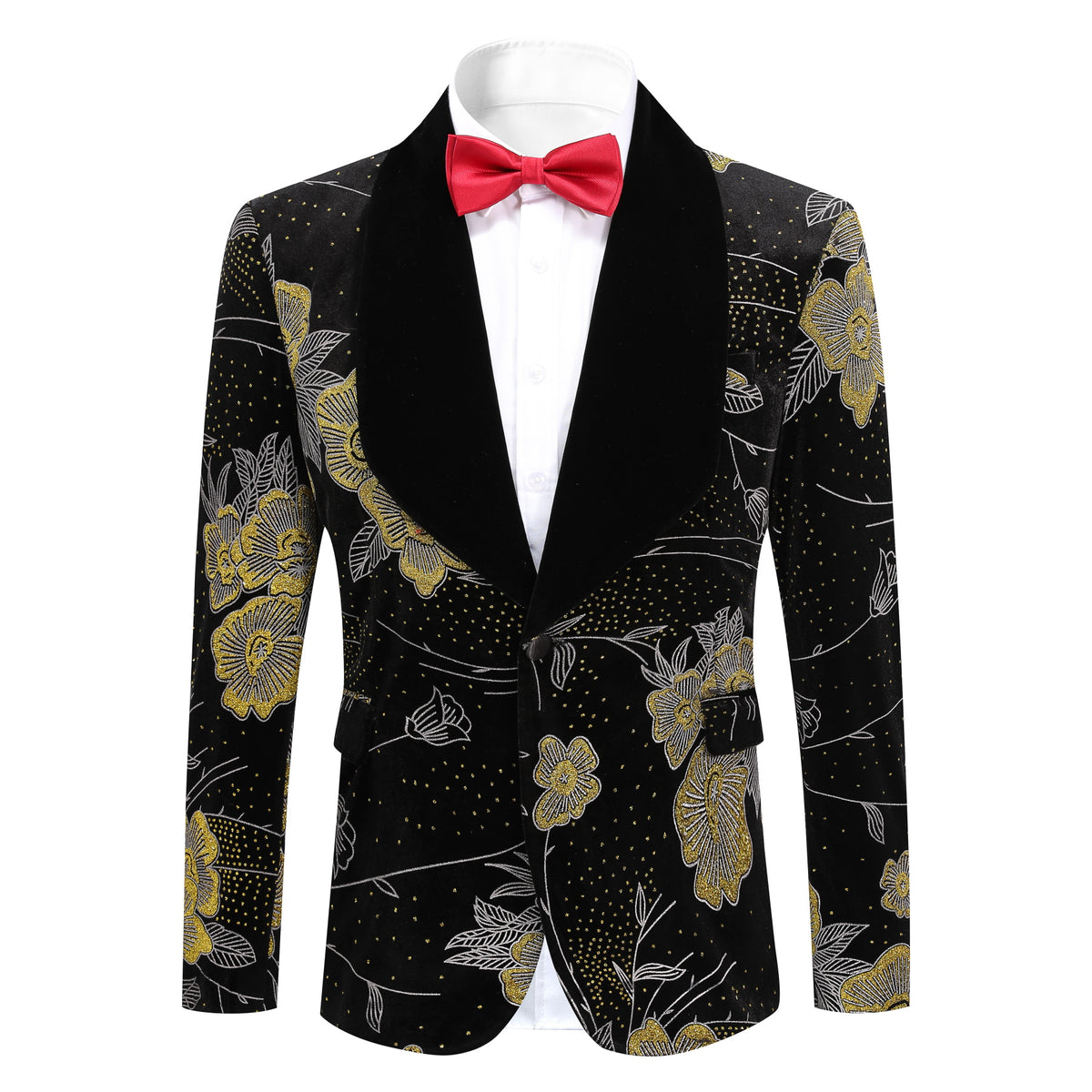 Men's Gold Floral Print Blazer Black