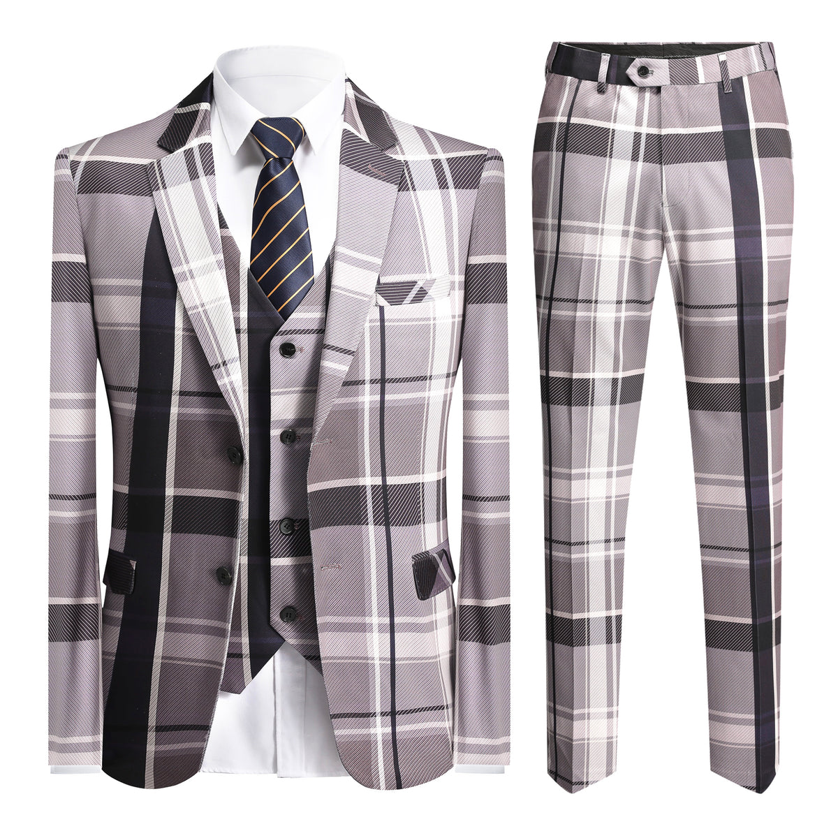 Men's 2-Button Single-Breasted Suit 3-Piece Plaid Suit Beige