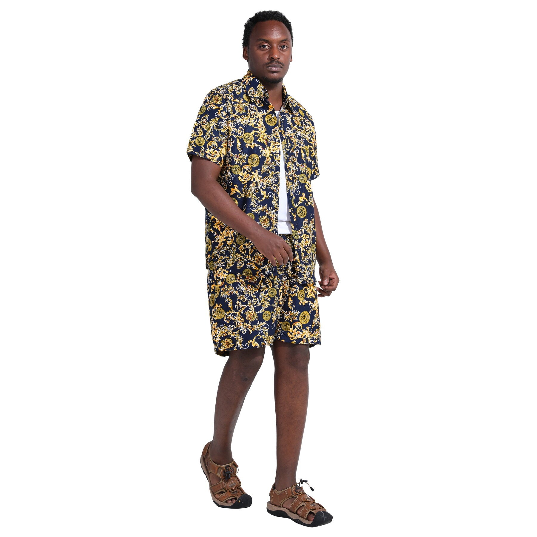 Mens 2-Piece Hawaii Print Style Summer Suit Yellow