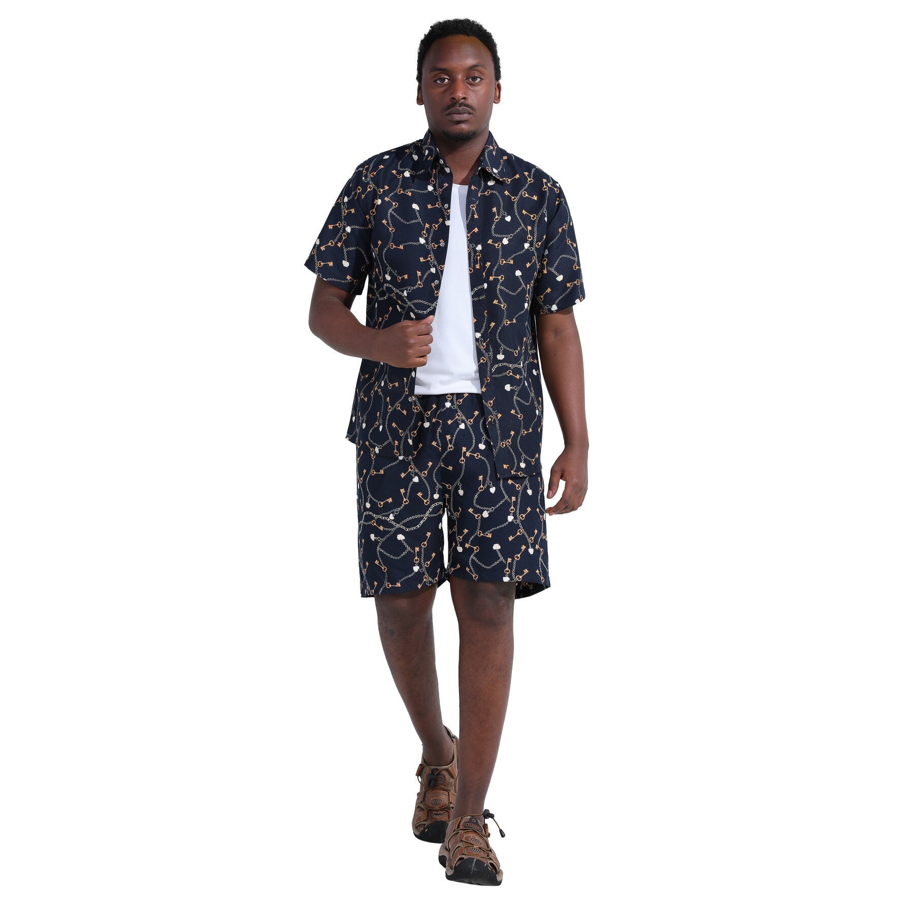 Mens 2-Piece Hawaii Print Style Summer Suit Black