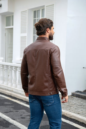 Men's Leather Jacket Casual Zip Up Motorcycle Outwear Brown