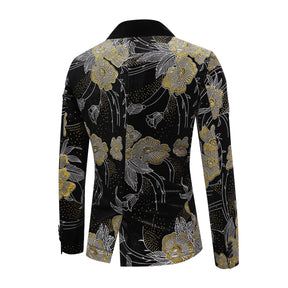 Men's Gold Floral Print Blazer Black