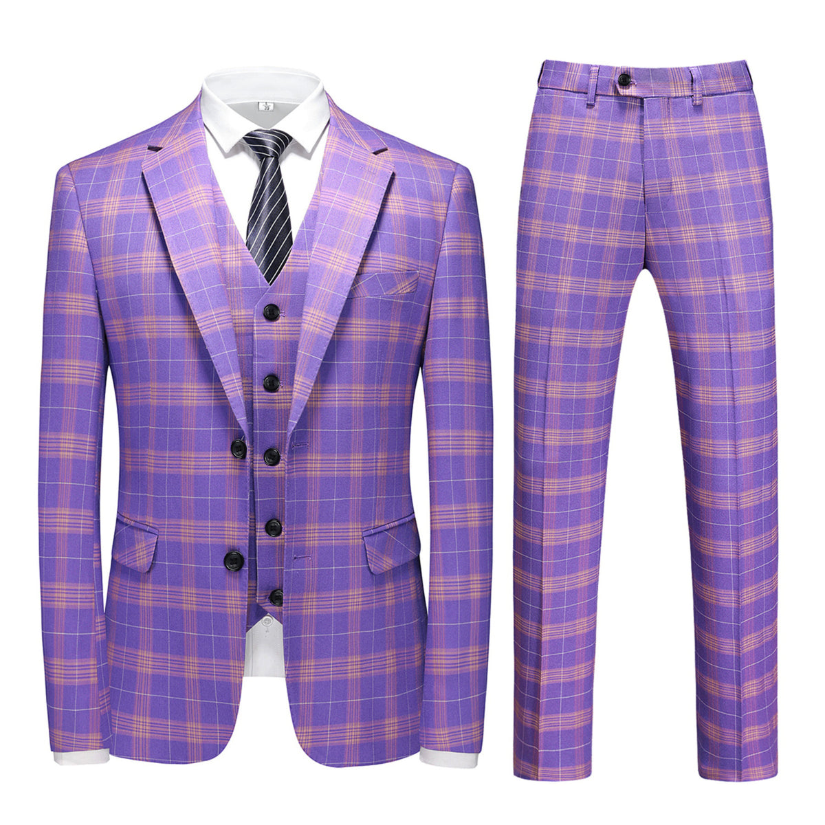 3-Piece Men's Plaid Two-Button Double-Vented Suit Purple