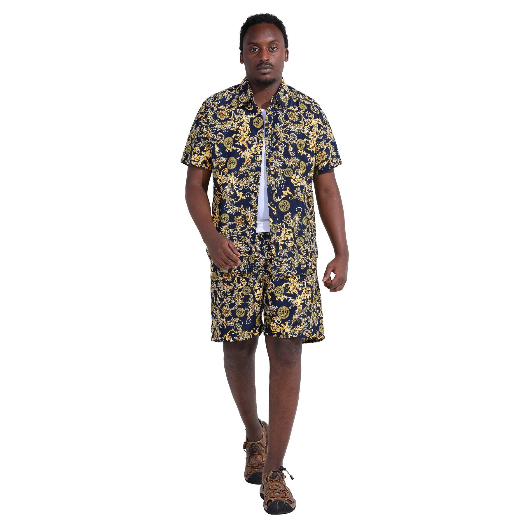 Mens 2-Piece Hawaii Print Style Summer Suit Yellow