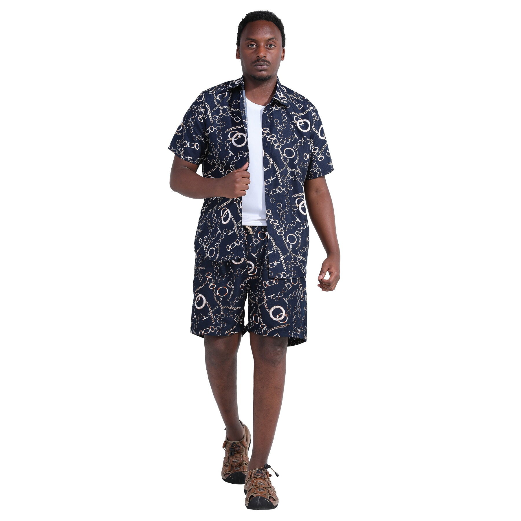 Mens 2-Piece Hawaii Print Style Summer Suit Navy