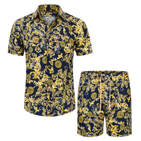 Mens 2-Piece Hawaii Print Style Summer Suit Yellow