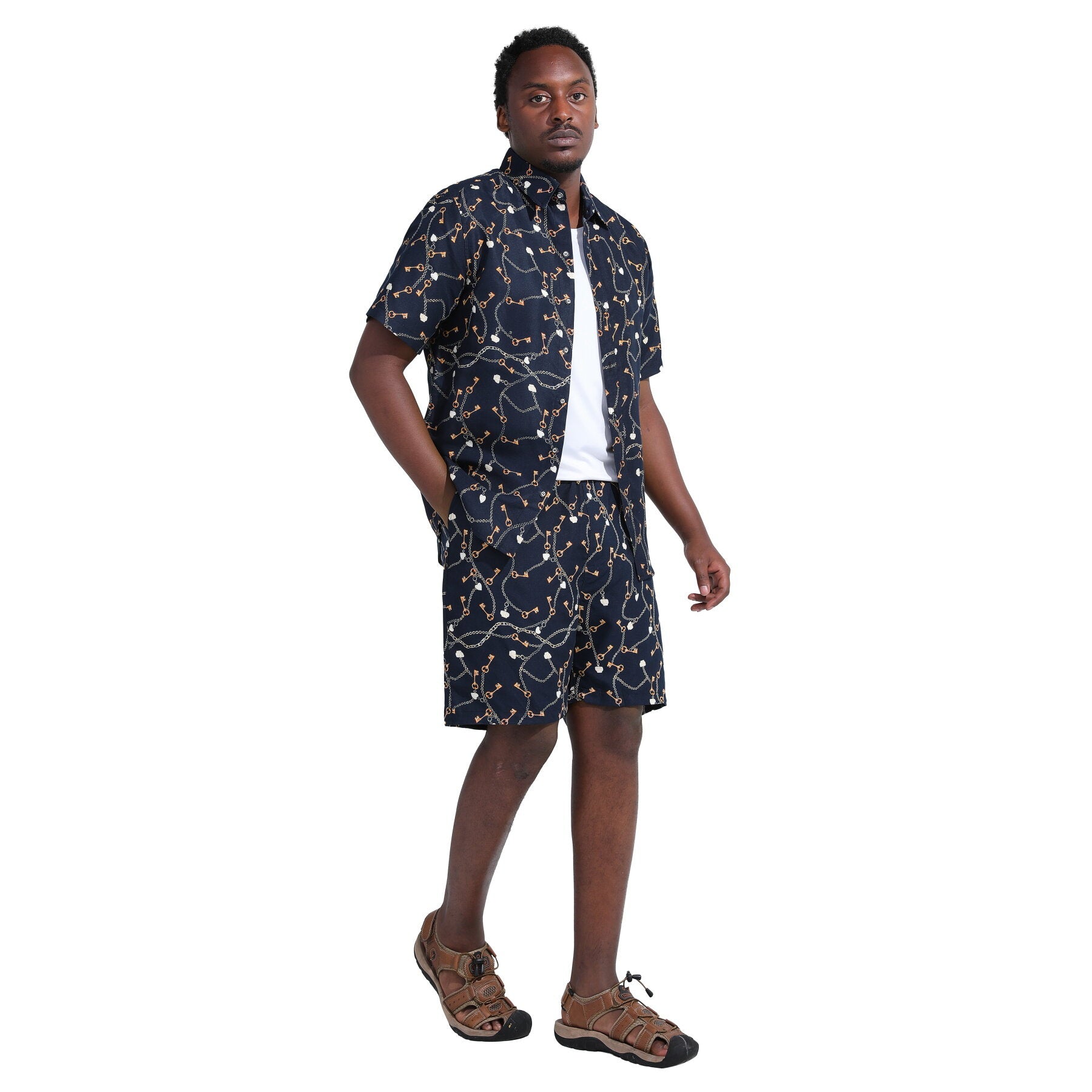 Mens 2-Piece Hawaii Print Style Summer Suit Black