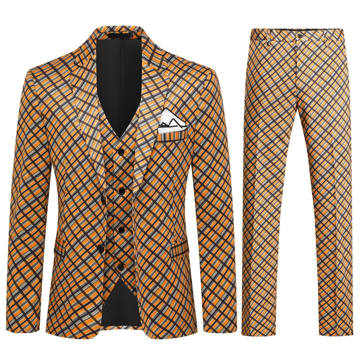 3-Piece Men's Two-Button Plaid Notch Lapel Double-Vented Suit Yellow