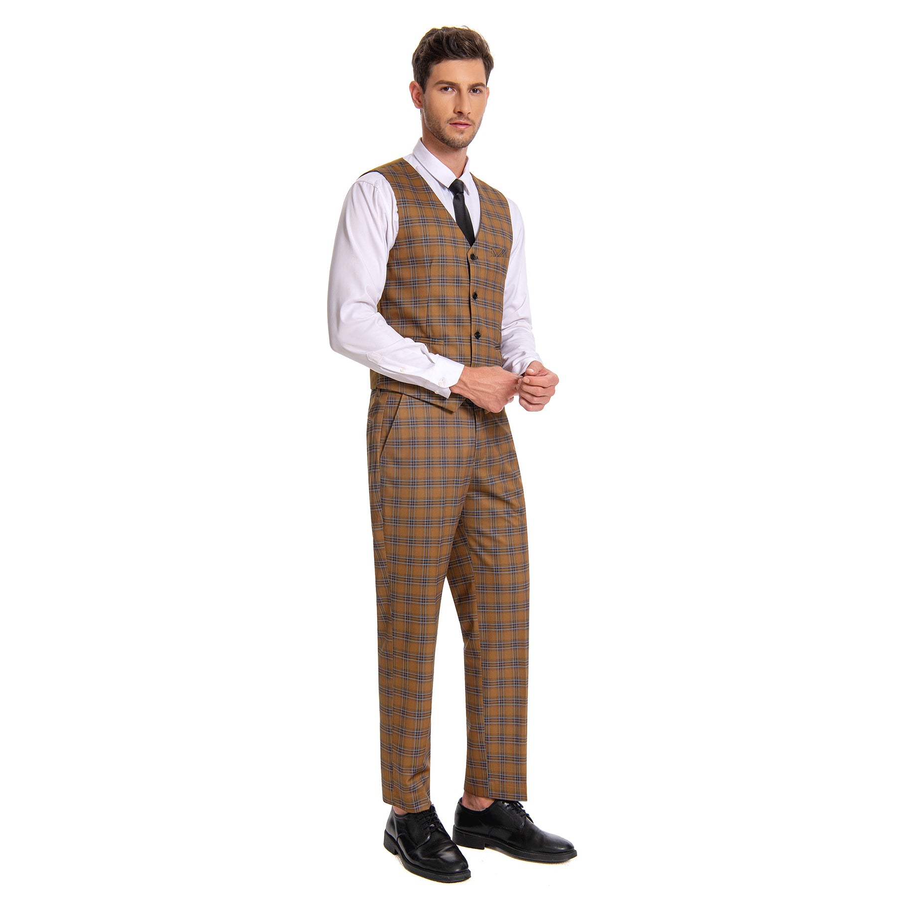 Men's 2-Button Single-Breasted Suit 3-Piece Plaid Suit Brown