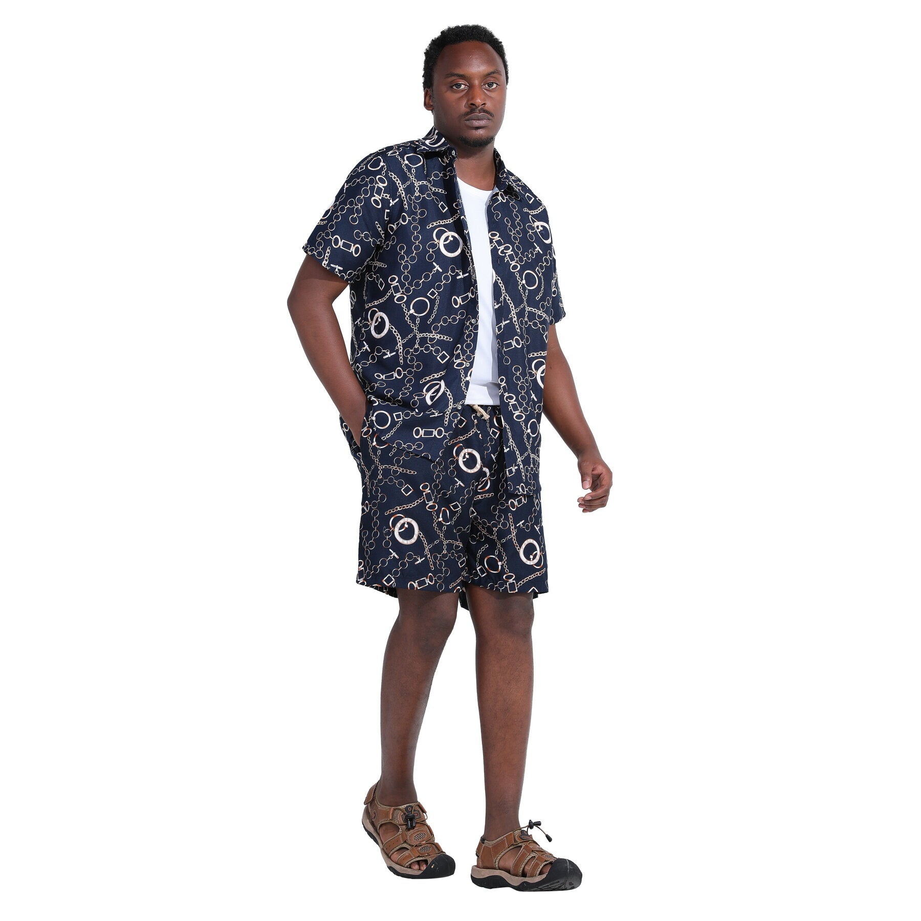 Mens 2-Piece Hawaii Print Style Summer Suit Navy