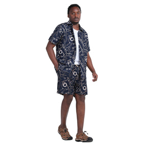 Mens 2-Piece Hawaii Print Style Summer Suit Navy