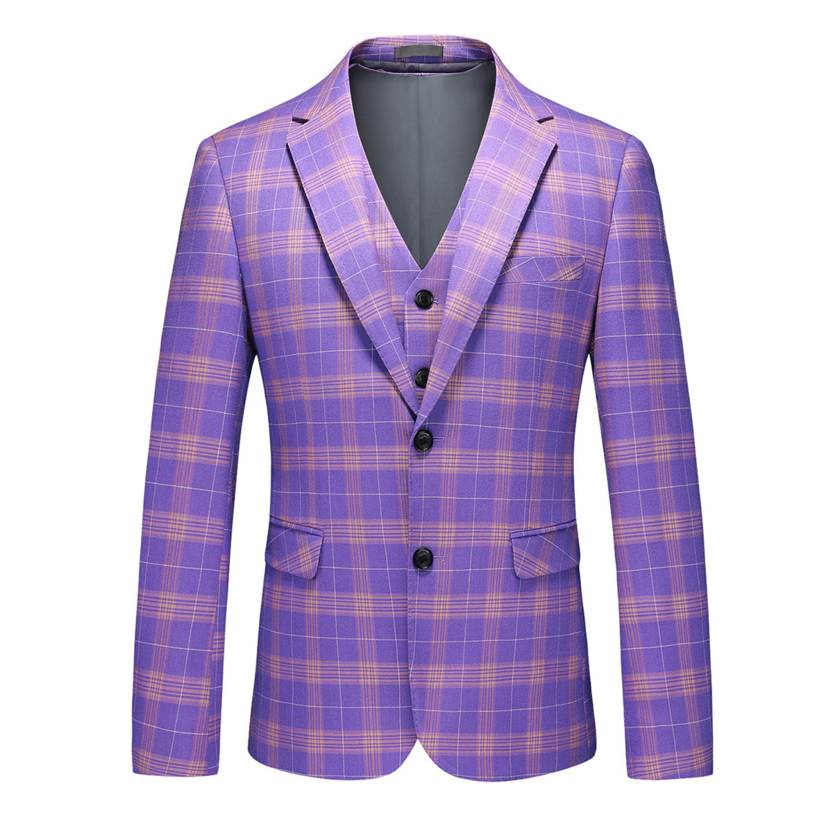 3-Piece Men's Plaid Two-Button Double-Vented Suit Purple