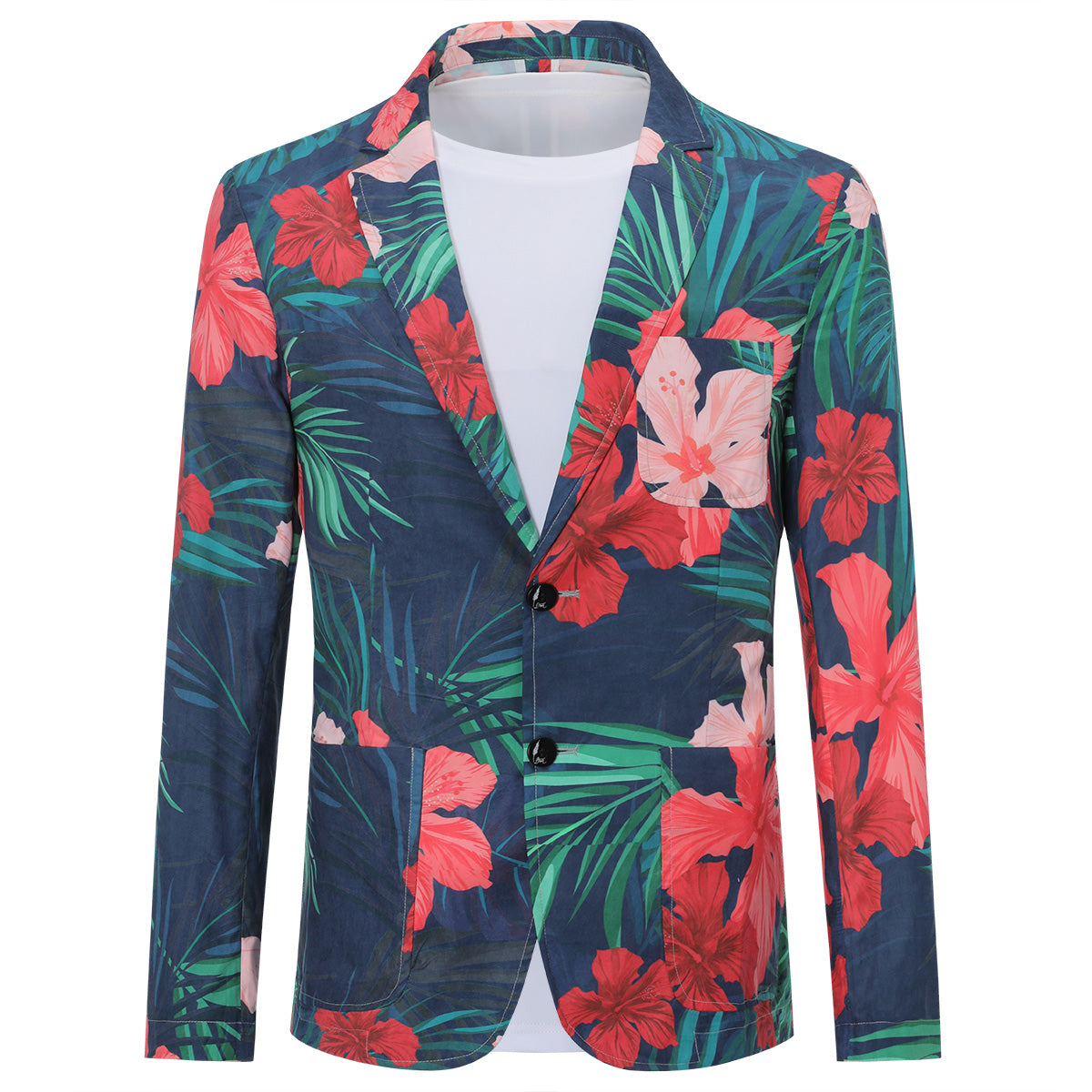 Red Flower Green Leaves Printed Slim Fit Casual Blazer