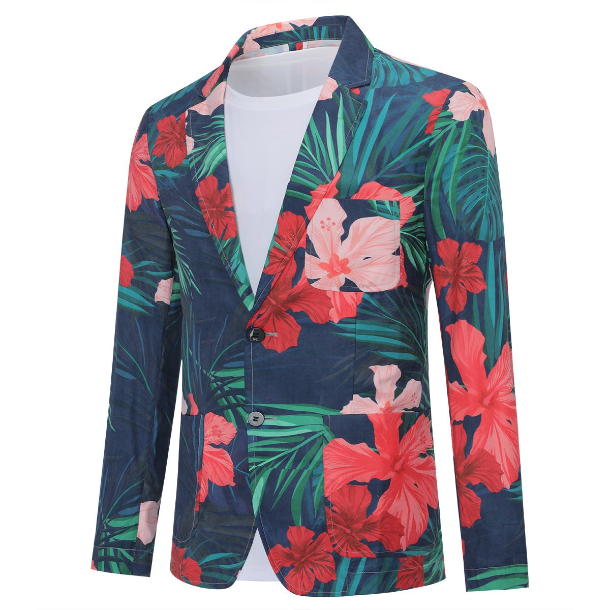 Red Flower Green Leaves Printed Slim Fit Casual Blazer