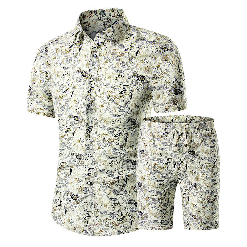 Mens 2-Piece Hawaii Print Style Summer Suit Beige