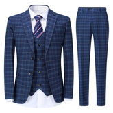 Three Piece Slim Fit Vintage Plaid Navy Suit