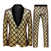 2-piece Men's Plaid Sequined One Button Suit Gold