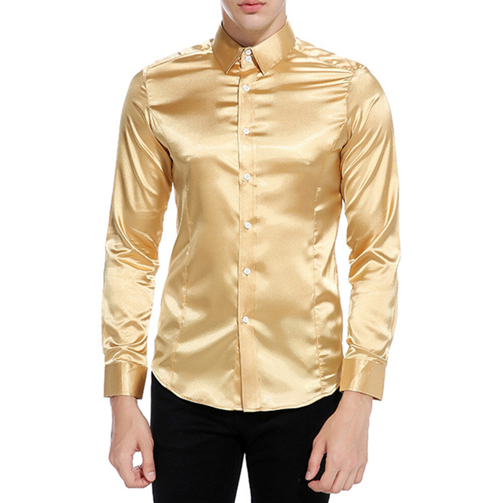 Men's Shiny Long Sleeve Lapel Casual Fashion Shirt Gold