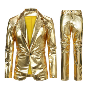 2-Piece Solid Color Stand Collar One-Button Glitter Suit Gold