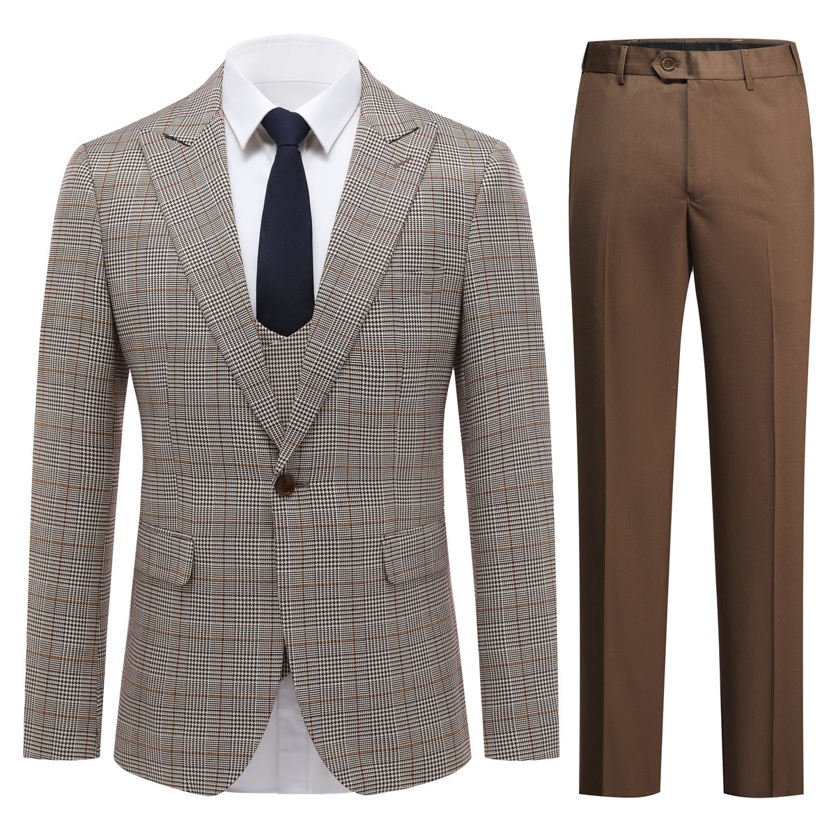 3-Piece Suit Plaid Design Suit Coffee