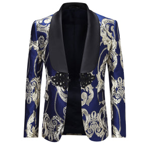 Blue Disc Buckle Jacquard Floral 3-Piece Dress Suit