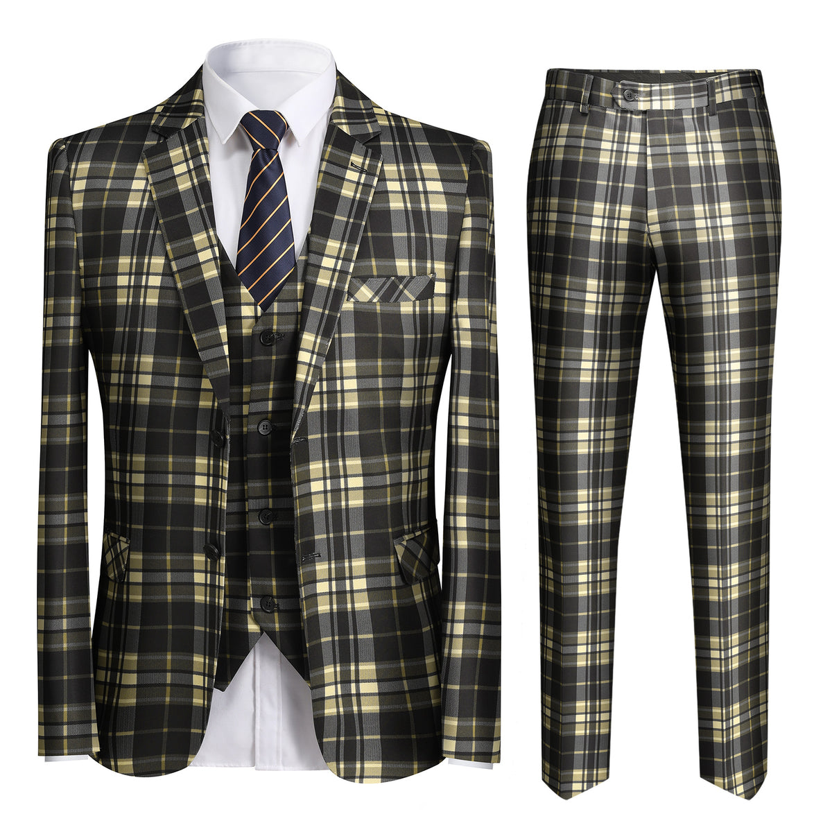 Men's 2-Button Single-Breasted Suit 3-Piece Plaid Suit Yellow