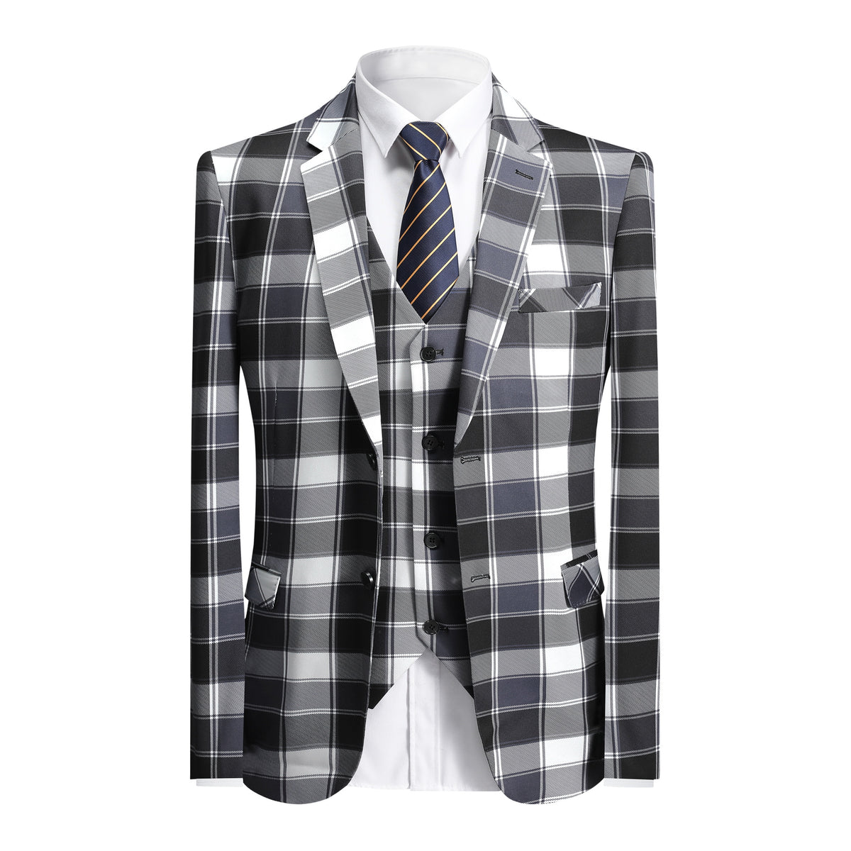 Men's 2-Button Single-Breasted Suit 3-Piece Plaid Suit Grey