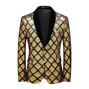 2-piece Men's Plaid Sequined One Button Suit Gold