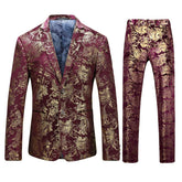 2-Piece Slim Fit Stylish Dress Floral Suit Red Gold