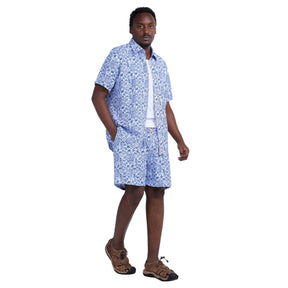 Mens 2-Piece Hawaii Print Style Summer Suit Blue