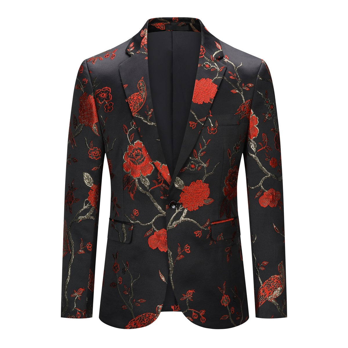 Men's One Button Notched Lapel Embroidered Blazer Red