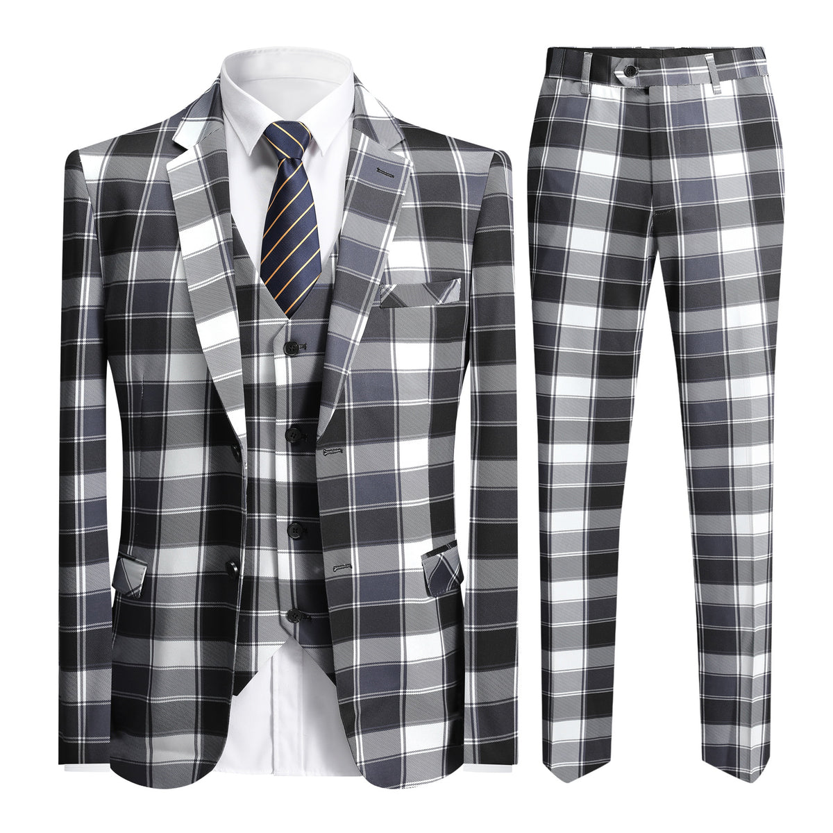 Men's 2-Button Single-Breasted Suit 3-Piece Plaid Suit Grey