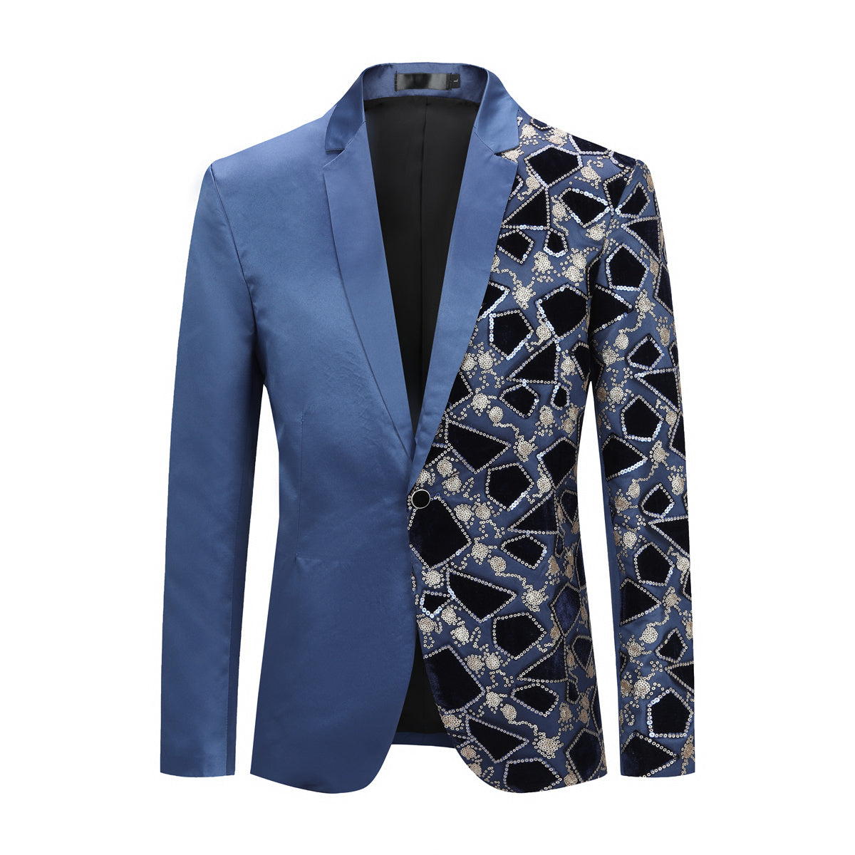 Men's Blue Floral Jacquard Half Sequin Tux Blazer