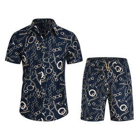 Mens 2-Piece Hawaii Print Style Summer Suit Navy