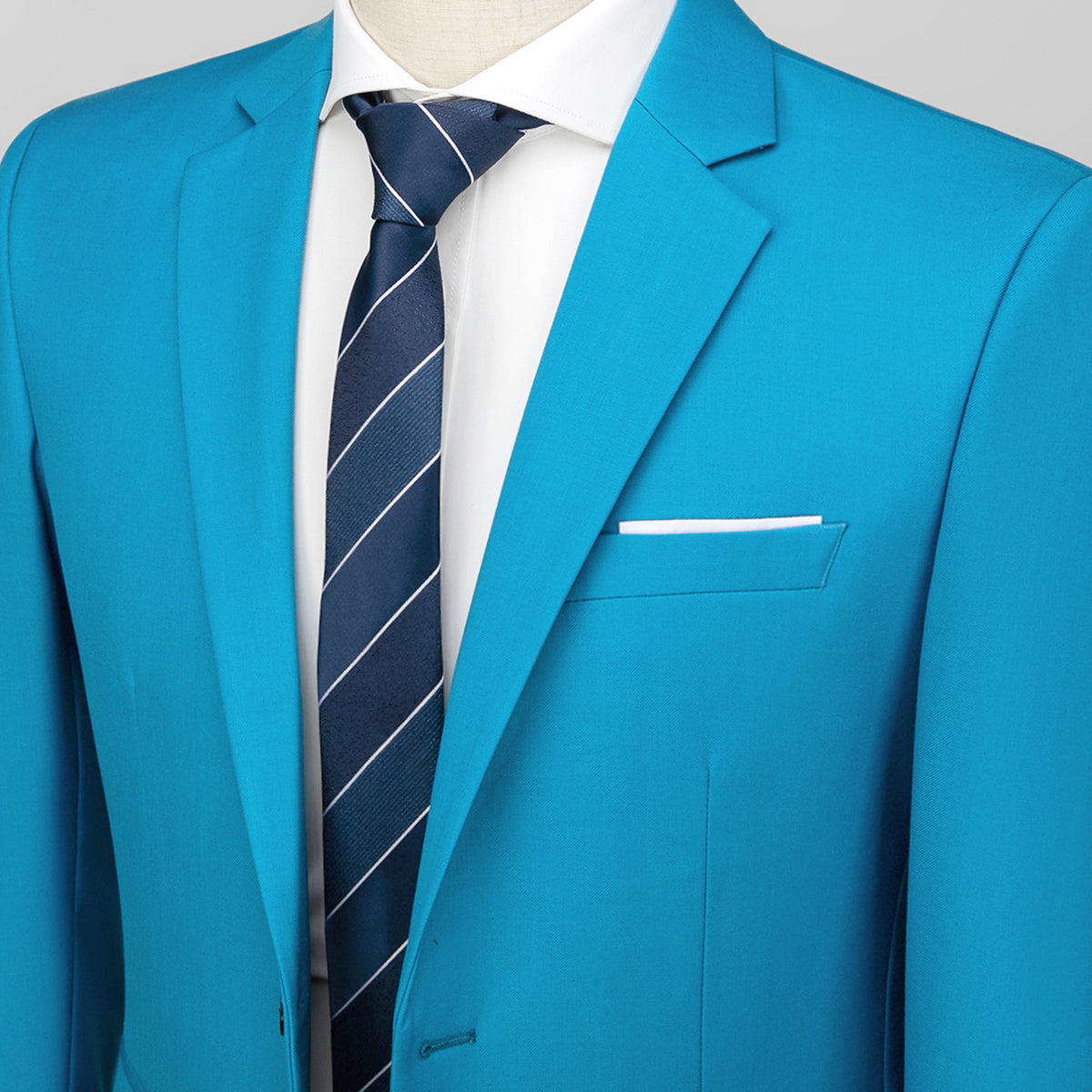 Men's Two-Button Back Slit Lapel Collar 3-Piece Suit Sea Blue