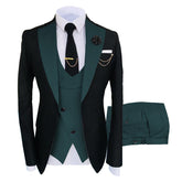 Men's 3-Piece Fashion One Button Color-Blocking Suit Dark Green