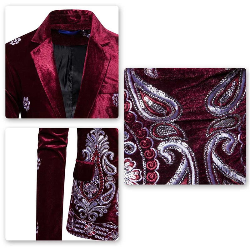 Tuxedo Slim Fit Burgundy Velvet Embroidery Blazer