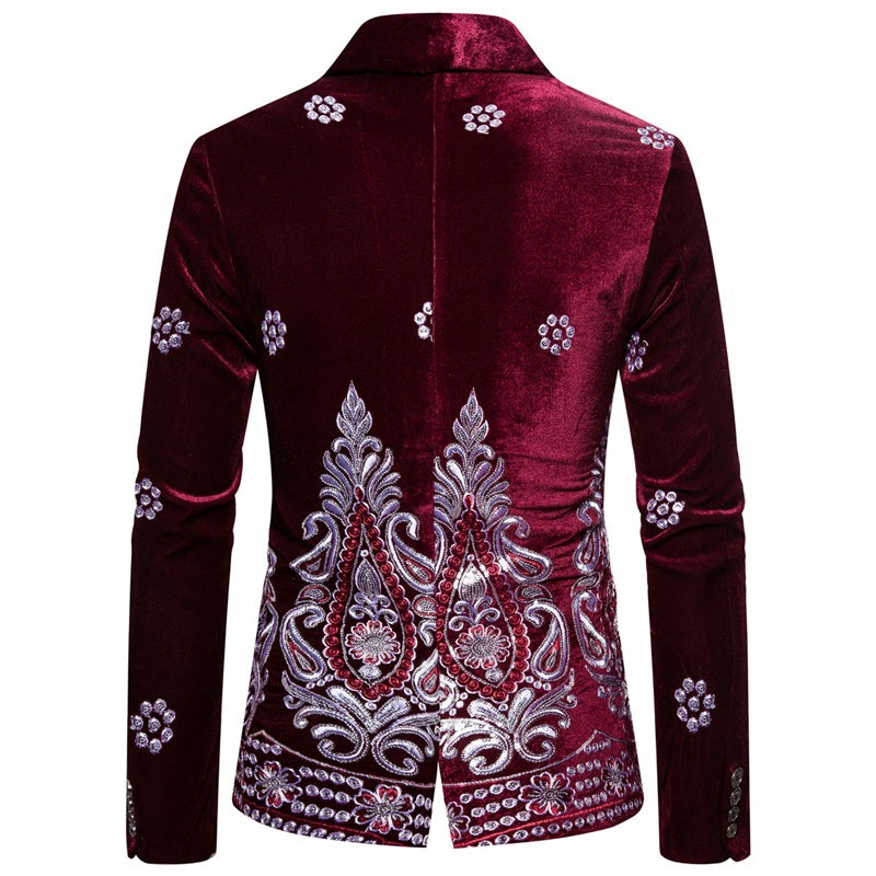 Tuxedo Slim Fit Burgundy Velvet Embroidery Blazer