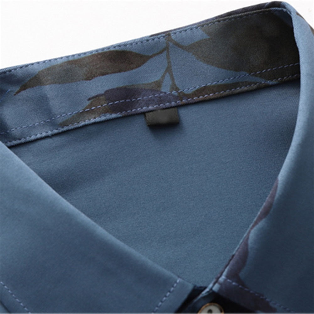 Slim Fit Bamboo Leaves Blooming Shirt DarkBlue