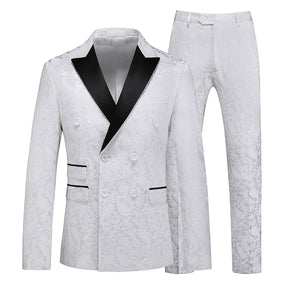 Men's Color Block Print Double Breasted Suit White