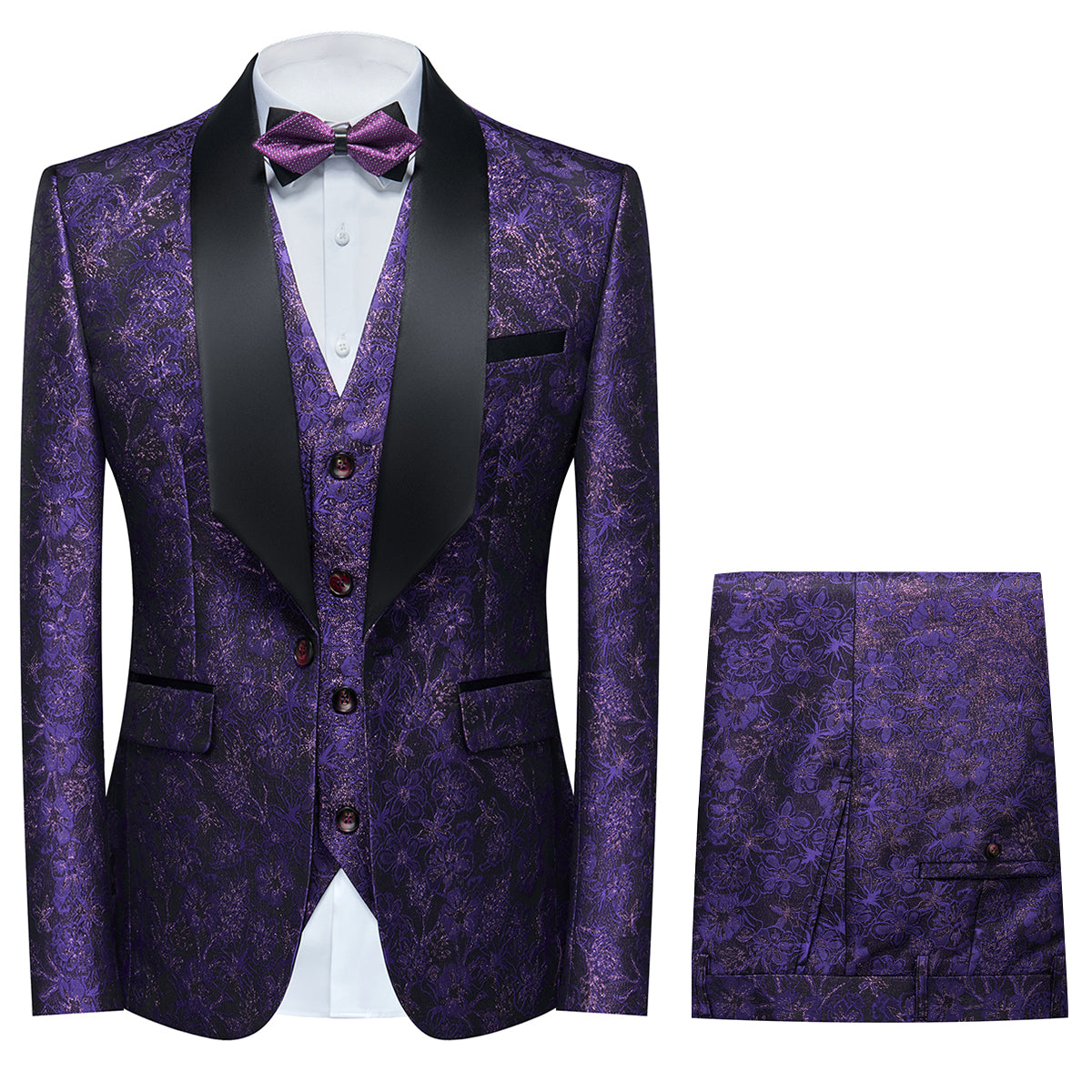 Men's Shawl Collar Print Suit 3-Piece Dress Suit -Cloudstyle