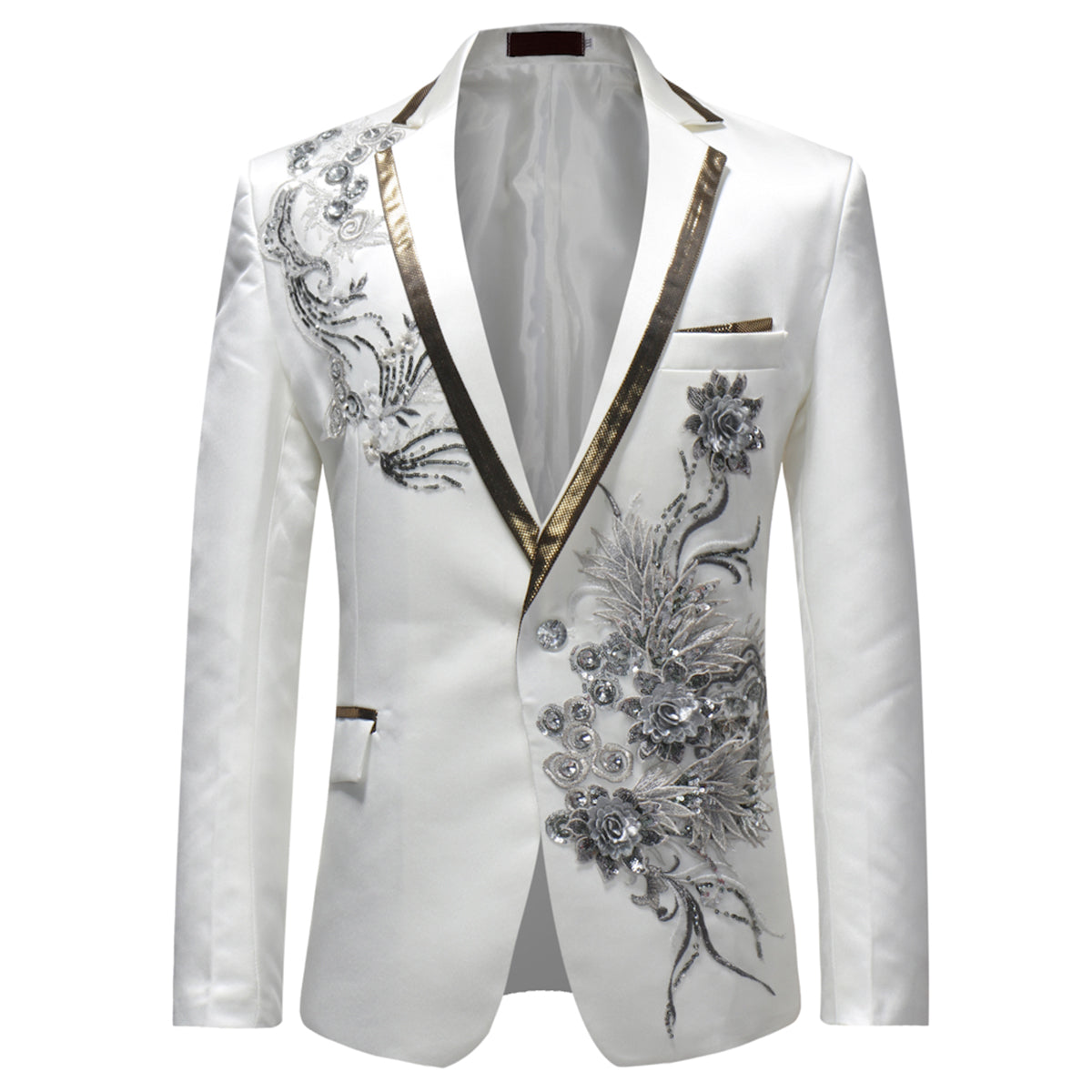 Slim Fit Embroidery Floral Blazer White - Cloudstyle