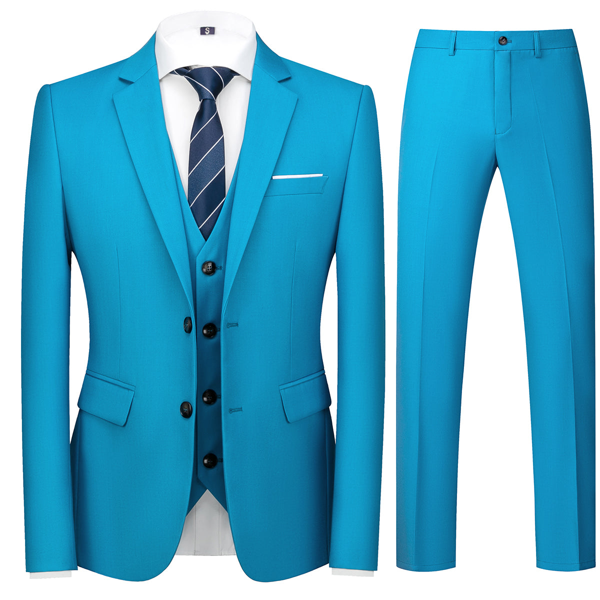 Men's Two-Button Back Slit Lapel Collar 3-Piece Suit Sea Blue