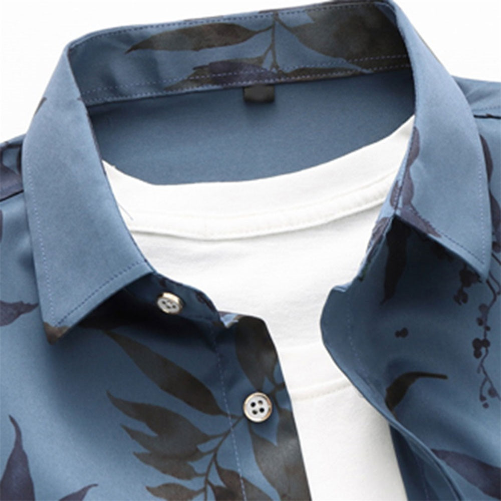 Slim Fit Bamboo Leaves Blooming Shirt DarkBlue