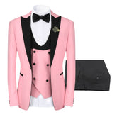 3 Piece Men's Suits One Button Slim Fit Peaked Lapel Tuxedo Pink