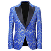 Blue Jacquard Blazer Floral Stylish Jacket -Cloudstyle