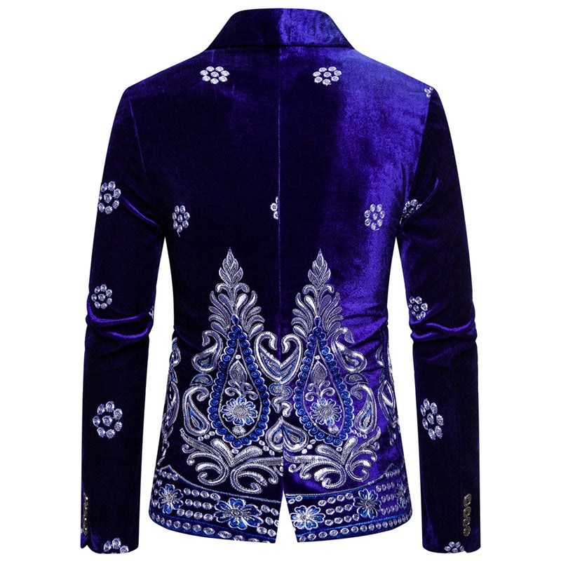 Tuxedo Slim Fit Blue Velvet Embroidery Blazer